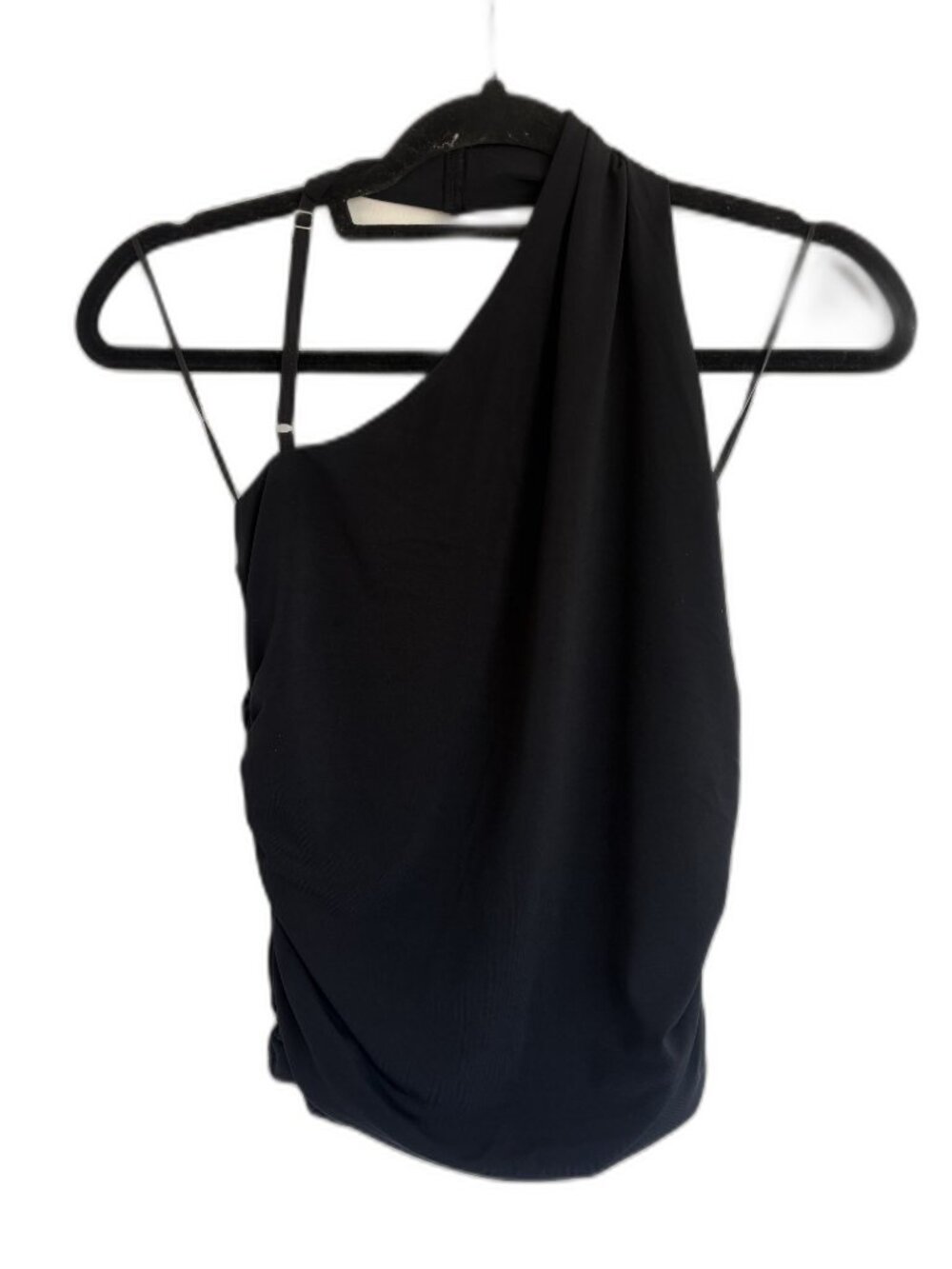 Black One Shoulder Ruched Halter Top - Picture 1 of 4